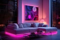 Modern living room with purple LED lighting and contemporary furniture Royalty Free Stock Photo