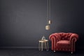 modern living room with red armchair and lamp. scandinavian interior design furniture. Royalty Free Stock Photo