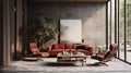 Modern Living Room With Red Sofa: Atmospheric And Moody Japanese-inspired Design