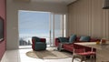 Modern living room in red tones and wooden details, panoramic window on sea panorama, sofa and armchair with round carpet, dining Royalty Free Stock Photo