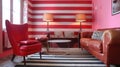 Modern living room with red and white striped walls, red armchair, and leather couch Royalty Free Stock Photo