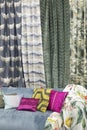 Modern living room. Samples of curtains fabric and color pillows Royalty Free Stock Photo