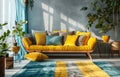 a modern living room set with yellow cushions and yellow pillows