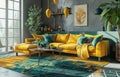 a modern living room set with yellow cushions and yellow pillows Royalty Free Stock Photo