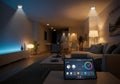 Modern living room setup with smart lighting control displayed on a Royalty Free Stock Photo