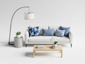 Modern living room setup with sofa and decorative items isolated on white background Royalty Free Stock Photo