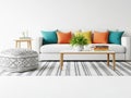 Modern living room setup with sofa and decorative pillows isolated on white background Royalty Free Stock Photo