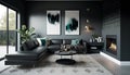 Modern living room with a sleek leather sectional. Generative AI