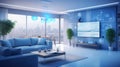 A modern living room with smart home devices like voice-controlled assistants, smart lighting, and connected appliances Royalty Free Stock Photo