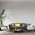 Modern living room with sofa  armchairs and decors in front of the white brick wall  wall mockup Royalty Free Stock Photo