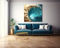 Modern living room interior in the nautical blue and golden color style