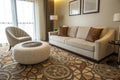 Modern living room with sofa, round chair and pattern carpet Royalty Free Stock Photo
