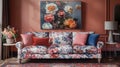 A modern living room with soft-edged floral pattern upholstery on the sofa, complemented by two-tone floral etude