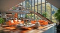 The artistry of interior design, A modern living room with stairs and lots of views and orange couch ,generative AI Royalty Free Stock Photo