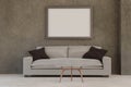 modern living room with table, couch, empty picture frame and industrial design with concrete walls 3d render