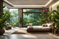 Modern living room with tropical style garden background. Beautiful view and big window Royalty Free Stock Photo