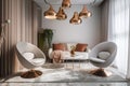 modern living room with unconventional chairs and unique lampshades