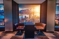 Modern living room with view Hong Kong skyline at sunrise in Hong Kong