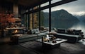 a modern living room with a view of the lake Royalty Free Stock Photo