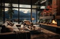 a modern living room with a view of the lake