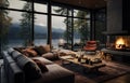 a modern living room with a view of the lake