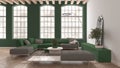 Modern living room in vintage apartment in beige and green tones with big old window, sofa with pillows, carpet, table. Classic Royalty Free Stock Photo