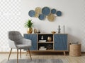 Modern living room wall decor with blue sideboard isolated on white background isolated on white background Royalty Free Stock Photo