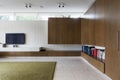 Modern living room with walnut cabinets and tv