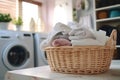 Modern living: a room with a washer, dryer, and a wicker basket filled with freshly cleaned textiles