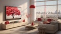 Modern living room with white elegant sofa, striking red pillows, abstract artwork, and large window