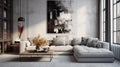 Modern Living Room With White Furniture And Large Monochrome Painting