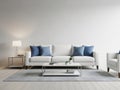 Modern living room with white sofa and blue pillows isolated on white background Royalty Free Stock Photo
