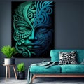 Modern living room with a wonderful Maori patterned face canvas picture