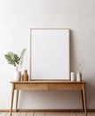 Modern Living Room: Wooden Cabinet and Mock-Up Poster Frame Against Concrete Wall. Generative ai Royalty Free Stock Photo