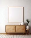 Modern Living Room: Wooden Cabinet and Mock-Up Poster Frame Against Concrete Wall. Generative ai Royalty Free Stock Photo