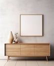 Modern Living Room: Wooden Cabinet and Mock-Up Poster Frame Against Concrete Wall. Generative ai Royalty Free Stock Photo