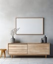 Modern Living Room: Wooden Cabinet and Mock-Up Poster Frame Against Concrete Wall. Generative ai Royalty Free Stock Photo