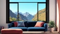 A Modern Living Room With A Wooden Floor Features A Sofa And An Empty Wall With A Large Window Revealing A View Of . Generative AI Royalty Free Stock Photo