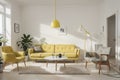 modern living room with yellow armchair and lamp. scandinavian interior design furniture.  illustration Royalty Free Stock Photo