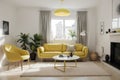 modern living room with yellow armchair and lamp. scandinavian interior design furniture.  illustration Royalty Free Stock Photo