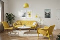 modern living room with yellow armchair and lamp. scandinavian interior design furniture.  illustration Royalty Free Stock Photo