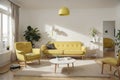 modern living room with yellow armchair and lamp. scandinavian interior design furniture.  illustration Royalty Free Stock Photo