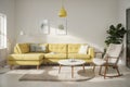 modern living room with yellow armchair and lamp. scandinavian interior design furniture.  illustration Royalty Free Stock Photo