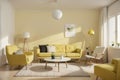 modern living room with yellow armchair and lamp. scandinavian interior design furniture.  illustration Royalty Free Stock Photo