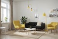 modern living room with yellow armchair and lamp. scandinavian interior design furniture.  illustration Royalty Free Stock Photo