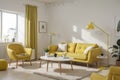 modern living room with yellow armchair and lamp. scandinavian interior design furniture.  illustration Royalty Free Stock Photo