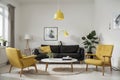 modern living room with yellow armchair and lamp. scandinavian interior design furniture.  illustration Royalty Free Stock Photo