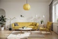 modern living room with yellow armchair and lamp. scandinavian interior design furniture.  illustration Royalty Free Stock Photo