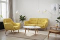 modern living room with yellow armchair and lamp. scandinavian interior design furniture.  illustration Royalty Free Stock Photo