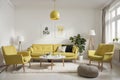 modern living room with yellow armchair and lamp. scandinavian interior design furniture.  illustration Royalty Free Stock Photo